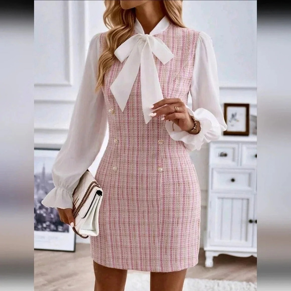 COPY - Clasi Plaid Pattern Tie Neck Double Breasted Tweed Dress - Picture 1 of 5
